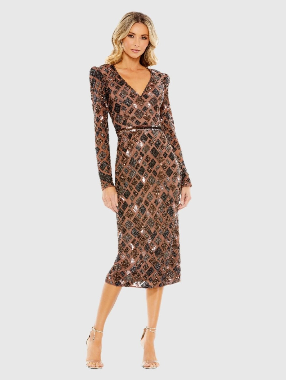 NWT Mac Duggal Size 8 Chocolate Brown Geo Embellished Midi Sheath Dress